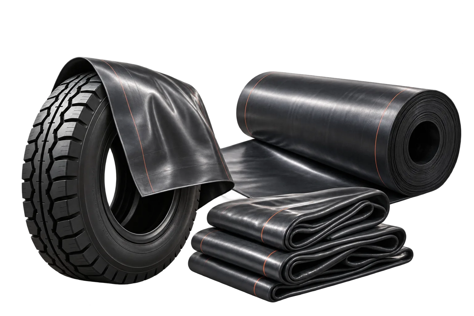 Full skirt envelope wrapped around a tyre, alongside rolled and folded envelope sheets
